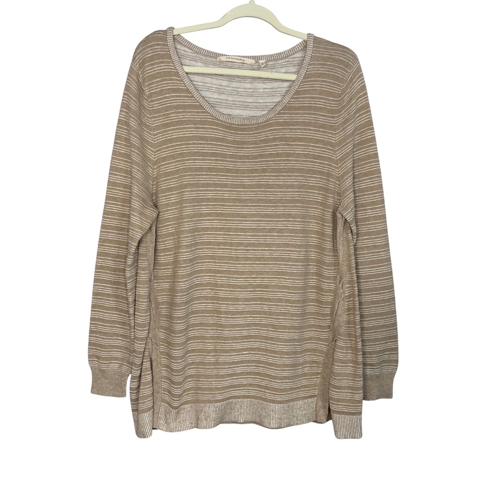 Soft Surroundings Beige Stripe Knit Long Sleeve‎ Tunic Popover Sweater XL
